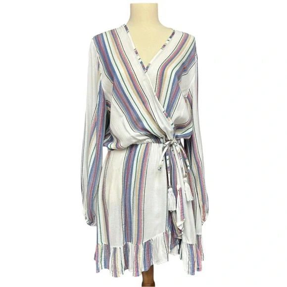 Blue Island White Multi Stripe Wrap Dress Women’s Medium Boho Tassel Tie Lightwe - Picture 1 of 13